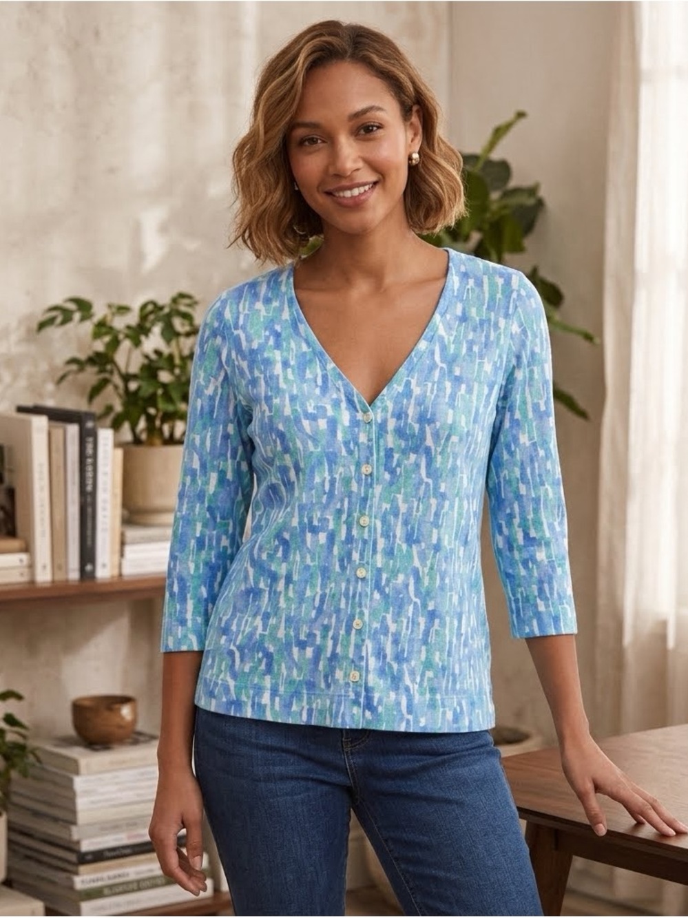 J. Jill Blue & Green Pima Cotton 3/4 Sleeve Button-Down Top MP Lightweight